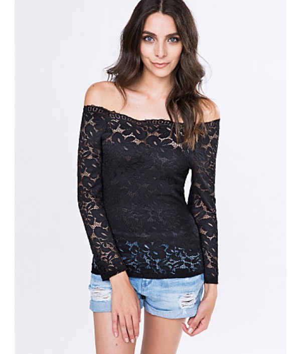 Women's Vogue Lace Bateau Long Sleeve Hollow Out Lace T-shirt