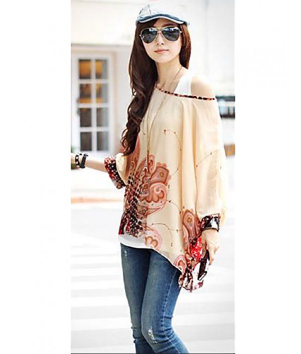 Women's Slack Neck Batwing Sleeve Printed Loose-Fitting Blouse