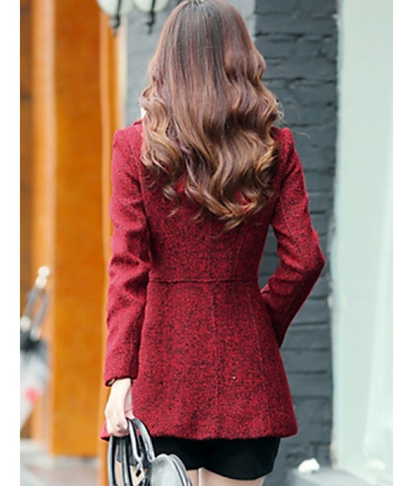 Women's Casual/Daily Simple Coat,Print Shirt Collar Long Sleeve Winter Red / Gray Wool Thick