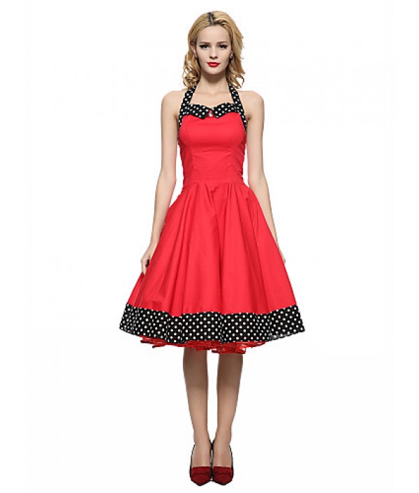 Women's Red/Black Vintage Polka Dots Midi Swing Dress, Full Circle Halter