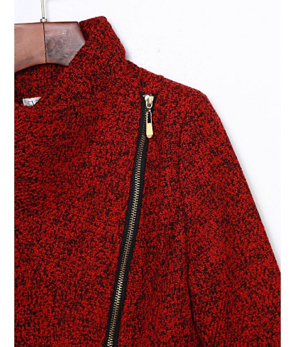 Women's Casual/Daily Simple Coat,Print Shirt Collar Long Sleeve Winter Red / Gray Wool Thick