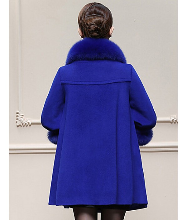 Women's Plus Size / Casual/Daily Simple Coat,Solid Round Neck Long Sleeve Winter Blue / Yellow Wool / Faux Fur Thick