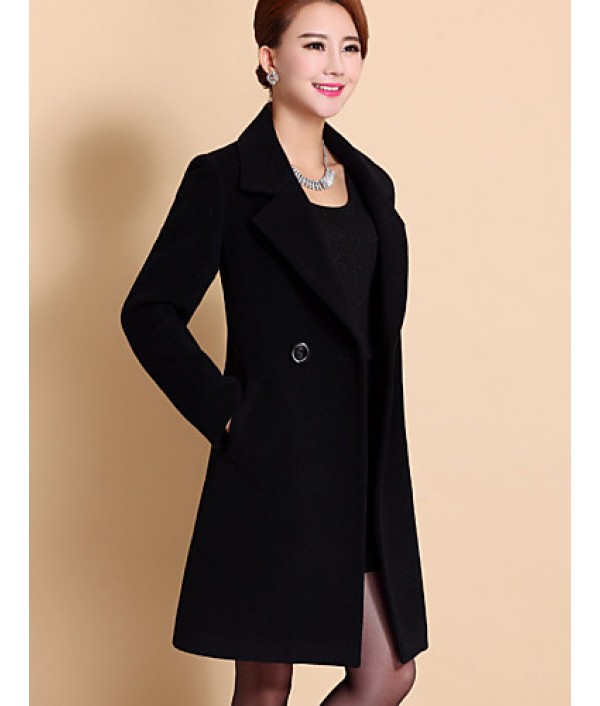 Women's Coat,Solid / Patchwork Peaked Lapel Long Sleeve Winter Blue / Black / Yellow Wool / Others Thick