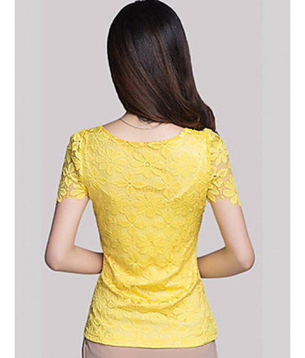 Summer Plus Size Women Solid Color Round Neck Short Sleeve Lace Blouse Slim Was Thin T-shirt Tops