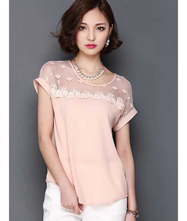 2016 Summer New Women Stitching Lace Short-Sleeved Chiffon Blouse