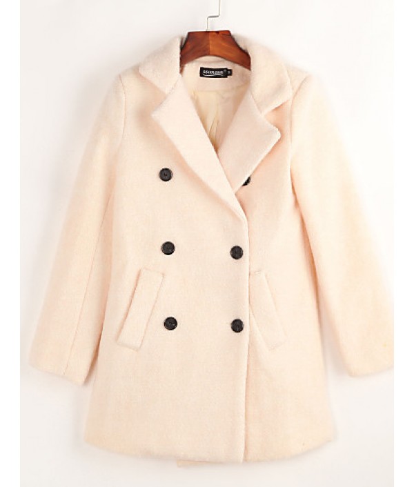 Women's Casual/Daily Simple Coat,Solid Notch Lapel Long Sleeve Fall Beige Wool Medium