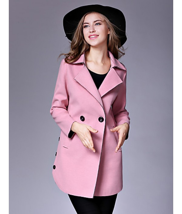 Women's Casual/Daily Street chic Pea CoatsSolid Notch Lapel Long Sleeve Winter Pink / Red / Yellow Wool / Cotton Medium