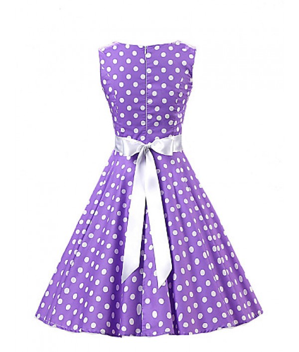 Women's Going out Vintage / Cute A Line / Skater Dress,Polka Dot Round Neck Knee-length Sleeveless Purple Cotton Spring Mid Rise