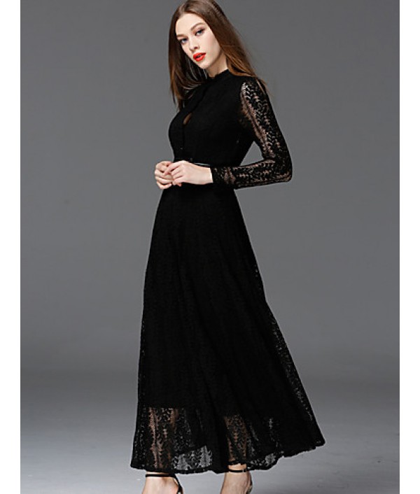  Women‘s Work Vintage DressSolid Stand Maxi Long Sleeve Black Cotton / Polyester / Nylon