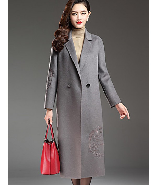 Women's Plus Size Street chic CoatPrint Notch Lapel Long Sleeve Fall / Winter Red / Black / Gray Wool / Polyester Thick