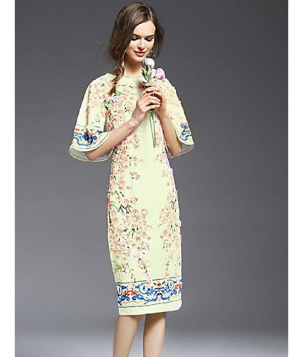 Casual/Daily Simple Sheath Dress,Print Round Neck Knee-length ? Length Sleeve White Others Summer Mid Rise