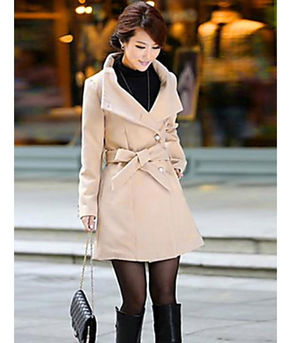 Women's Vintage / Cute Trench Coat,Solid Long Sleeve All Seasons Beige / Black / Gray Wool Medium