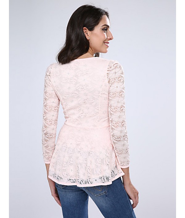 Women's Lace Pink/White/Black Blouse, U Neck Long Sleeve with Peplum