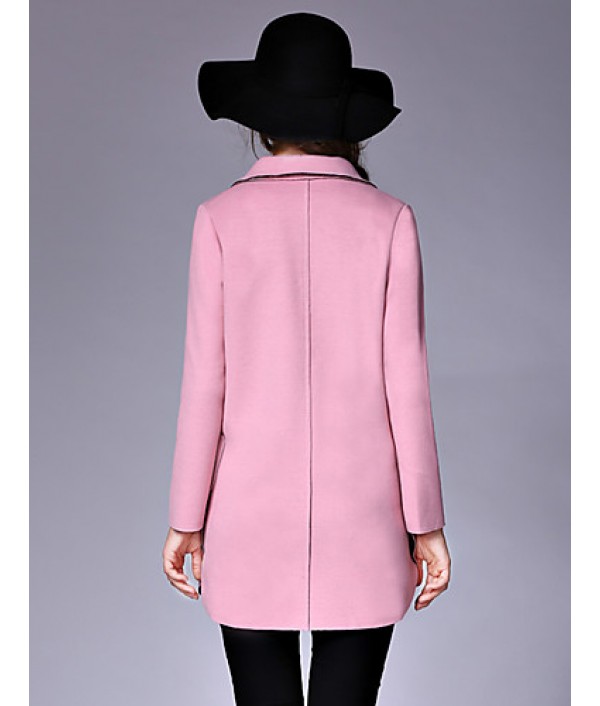 Women's Casual/Daily Street chic Pea CoatsSolid Notch Lapel Long Sleeve Winter Pink / Red / Yellow Wool / Cotton Medium