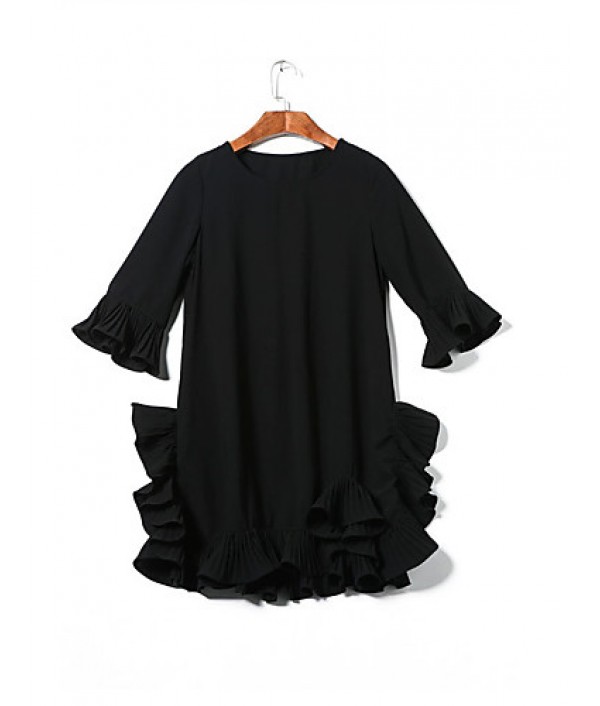  Women‘s Going out Cute Loose Dress,Solid Round Neck Above Knee ? Sleeve Black Cotton Spring