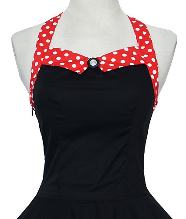 Women's Red/Black Vintage Polka Dots Midi Swing Dress, Full Circle Halter