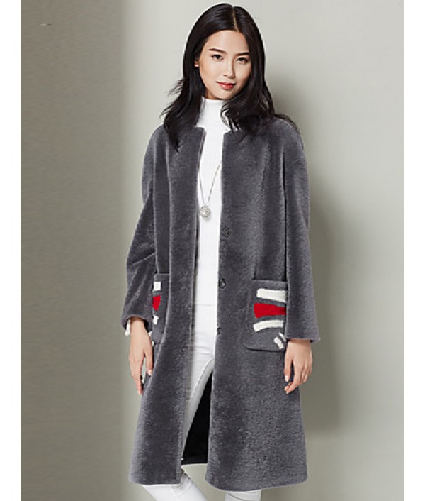 Women's Casual/Daily Simple Fur CoatSolid Asymmetrical Long Sleeve Fall / Winter Gray Wool Thick