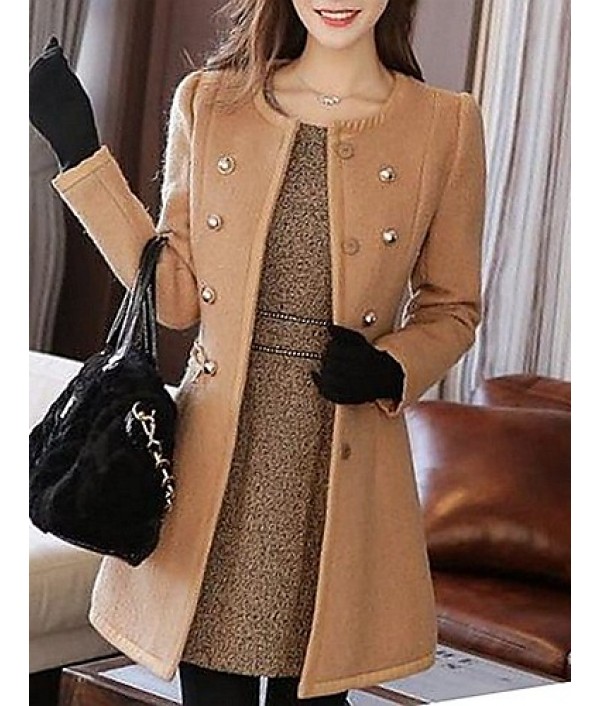 Women's Casual/Daily Simple Coat,Solid Notch Lapel Long Sleeve Winter White / Black / Brown Wool Medium