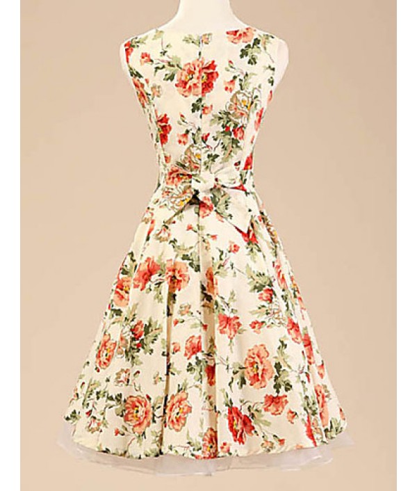 Women's Halter 50s Vintage Flower Print Rockabilly Sleeveless Dress(Not Include Petticoat)