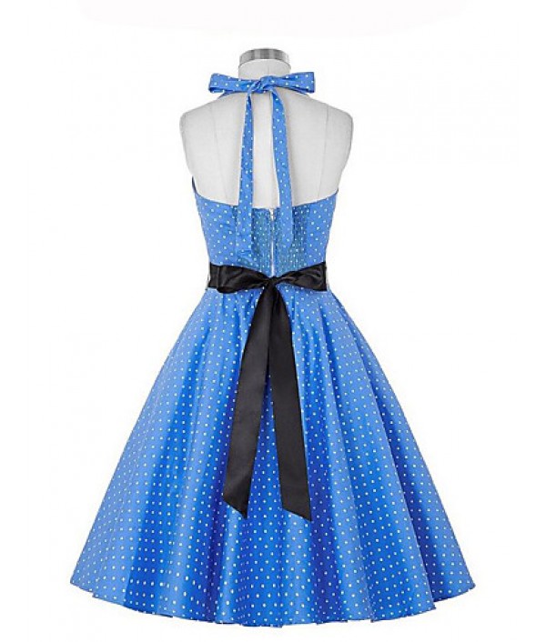 Women's Going out Vintage A Line Dress,Polka Dot Halter Knee-length Sleeveless Blue / Black Polyester Summer