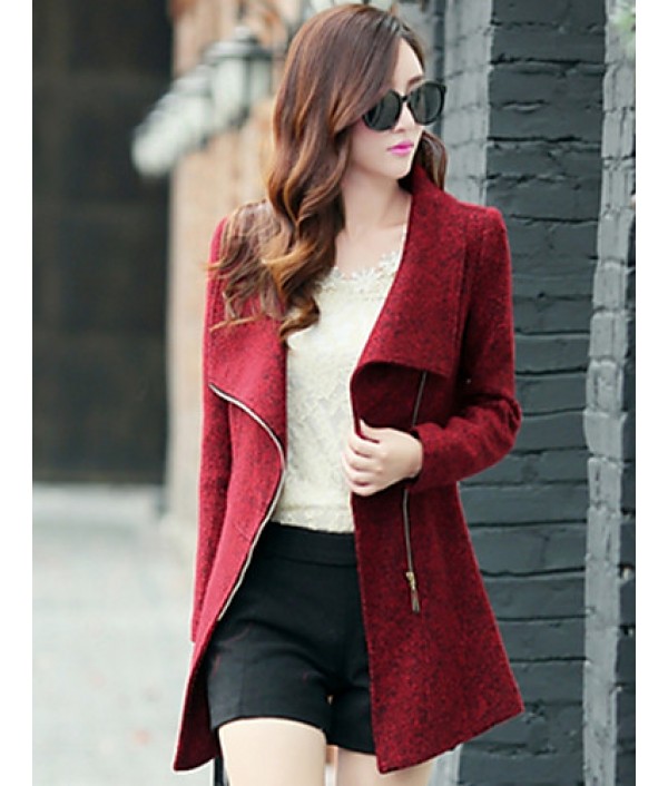 Women's Casual/Daily Simple Coat,Print Shirt Collar Long Sleeve Winter Red / Gray Wool Thick