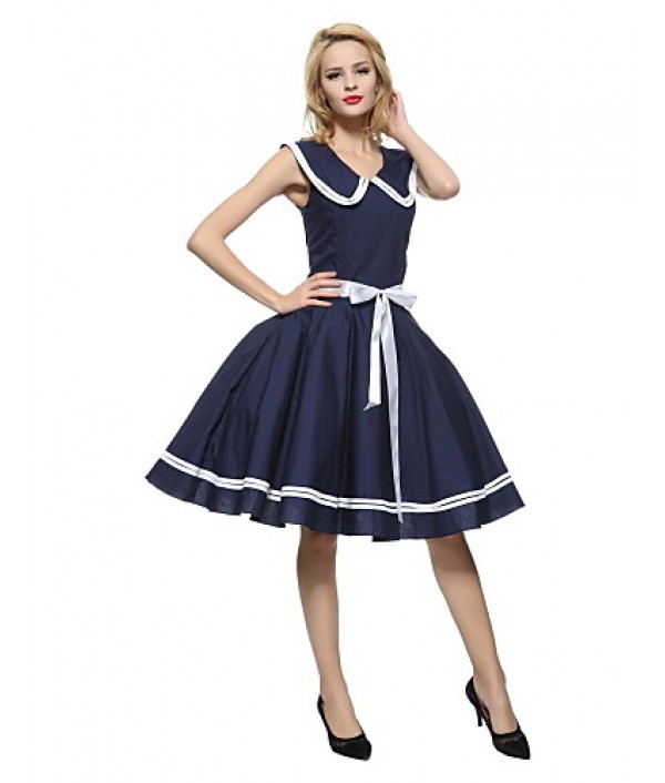 Women's 50s Vintage Nautical Sailor Rockabilly Hepburn Pinup Business Swing Dress 526