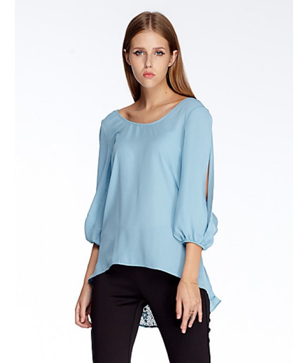 Women‘s Going out Simple Summer Blouse,Solid Round Neck ? Sleeve Blue Polyester Thin