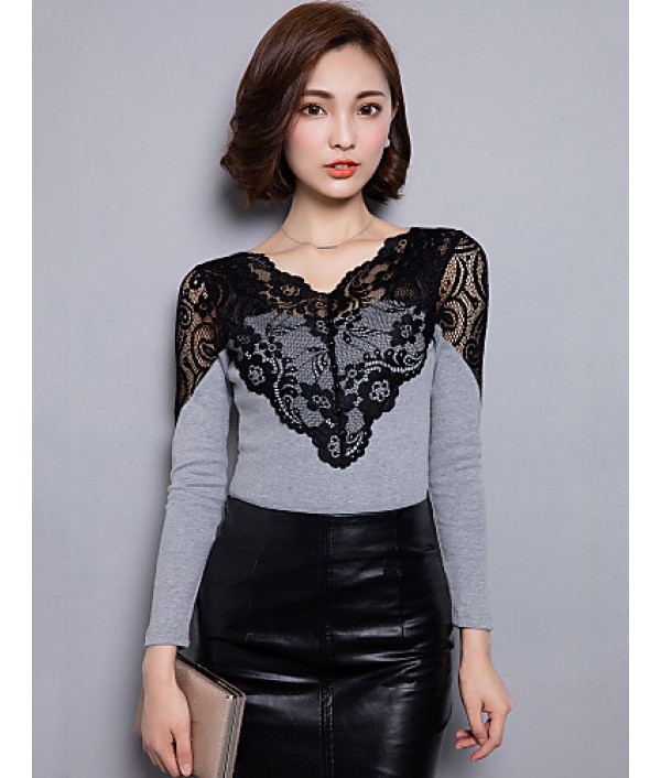 Women's Casual /Simple Spring /Fall T-shirt Blouse,Patchwork Lace Cut Out V Neck Long Sleeve Gray Cotton /Nylon Medium