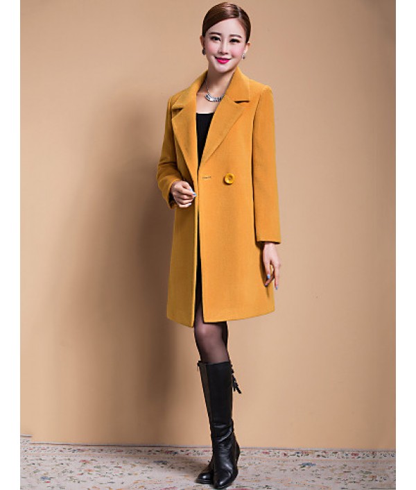 Women's Solid Blue / Black / Yellow Casual Loose Long Woolen Overcoat , Work / Plus Sizes Long Sleeve Wool