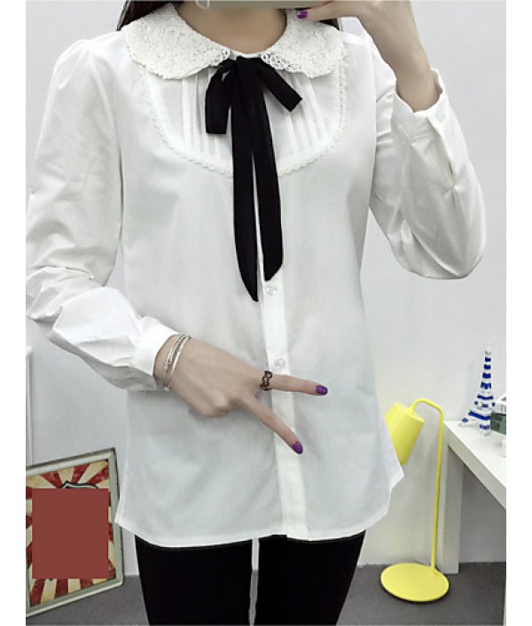 Women's Solid / Lace White Loose Cute Long Blouse Shirt , Peter Pan Collar Long Sleeve