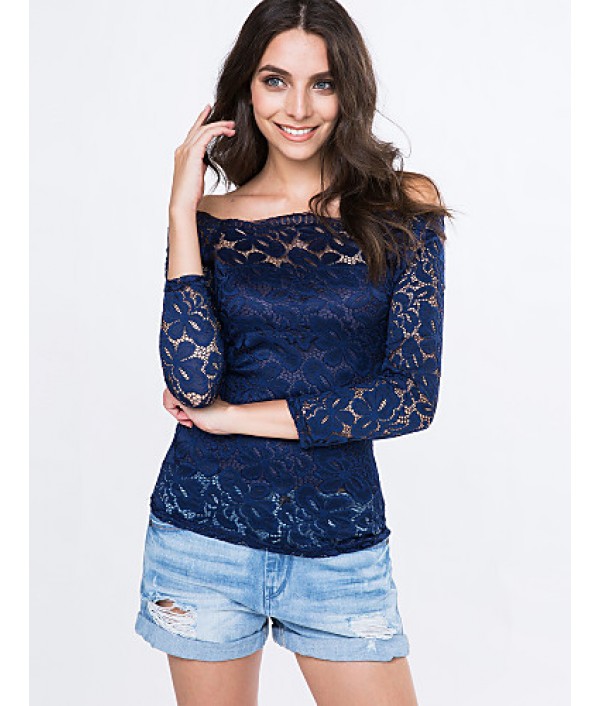 Women's Vogue Lace Bateau Long Sleeve Hollow Out Lace T-shirt