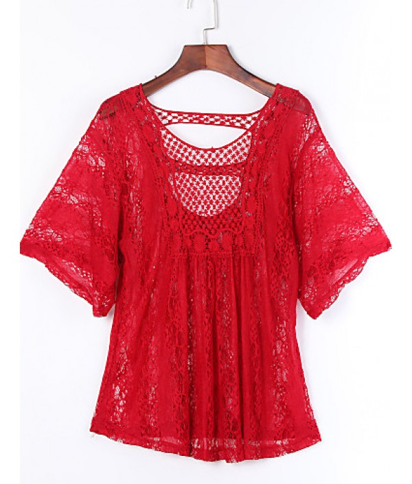 Plus Size Women's Lace Blue / Red / Brown / Green / Beige Blouse , Round Neck ? Length Sleeve