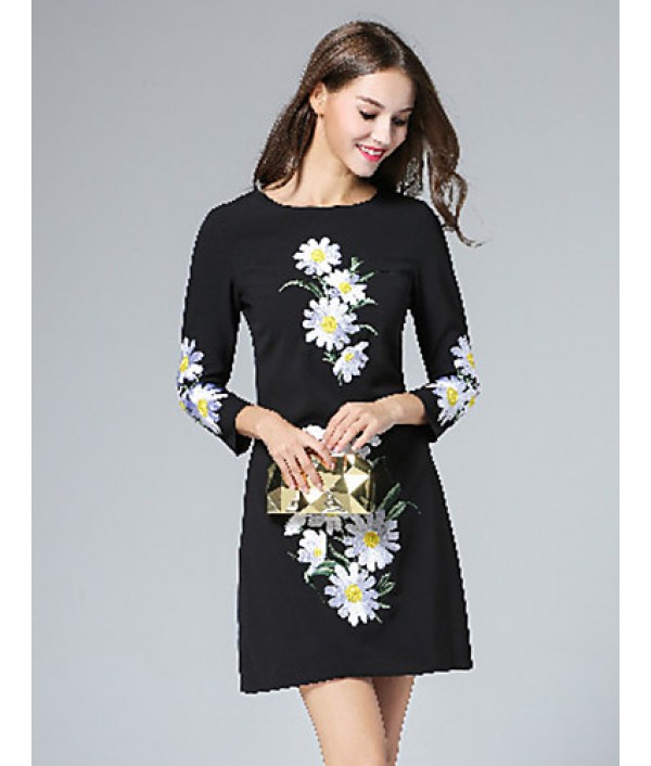 Boutique S Women's Casual/Daily Vintage Shift Dress,Embroidered Round Neck Above Knee Long Sleeve Polyester Fall