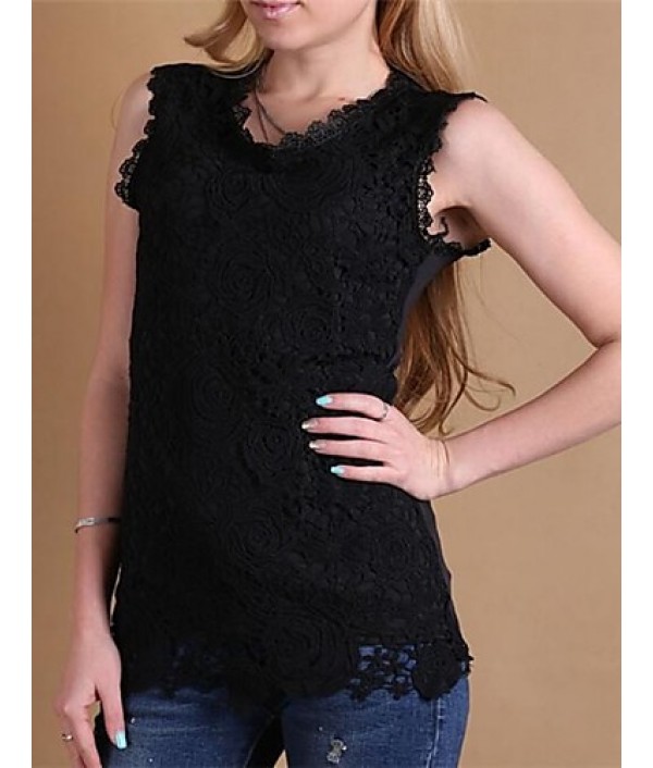 Women's Round Neck Lace Shirt, Cotton Blends Sleeveless