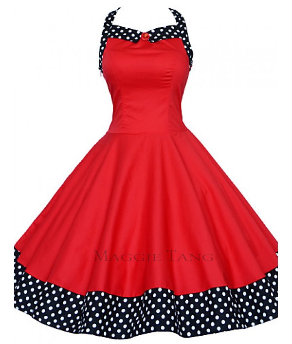 Women's Red/Black Vintage Polka Dots Midi Swing Dress, Full Circle Halter