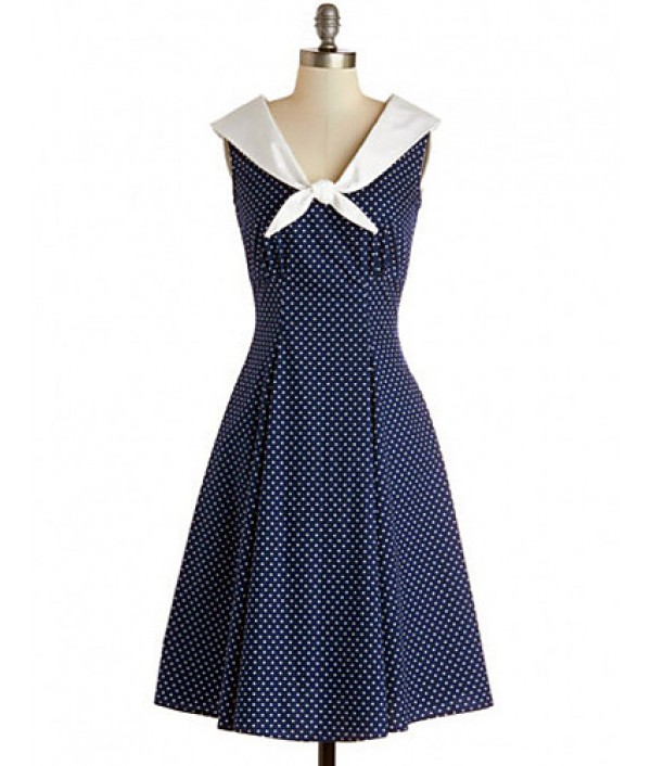 Women's Party/Cocktail Vintage A Line / Skater Dress,Polka Dot V Neck Knee-length Sleeveless Blue Cotton / Polyester Fall High Rise