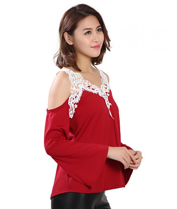 Women's Patchwork Lace Strap Off-The-Shoulder All Match Loose Casual V Neck Long Sleeve Plus Size T-shirt