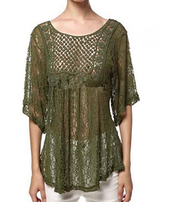 Plus Size Women's Lace Blue / Red / Brown / Green / Beige Blouse , Round Neck ? Length Sleeve