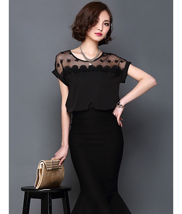 2016 Summer New Women Stitching Lace Short-Sleeved Chiffon Blouse