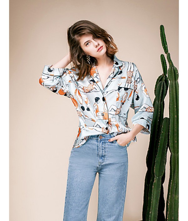 LIANGSANSHIWomen‘s Casual/Daily Street chic Summer Shirt,Print Shirt Collar ? Sleeve Blue Polyester / Others Thin