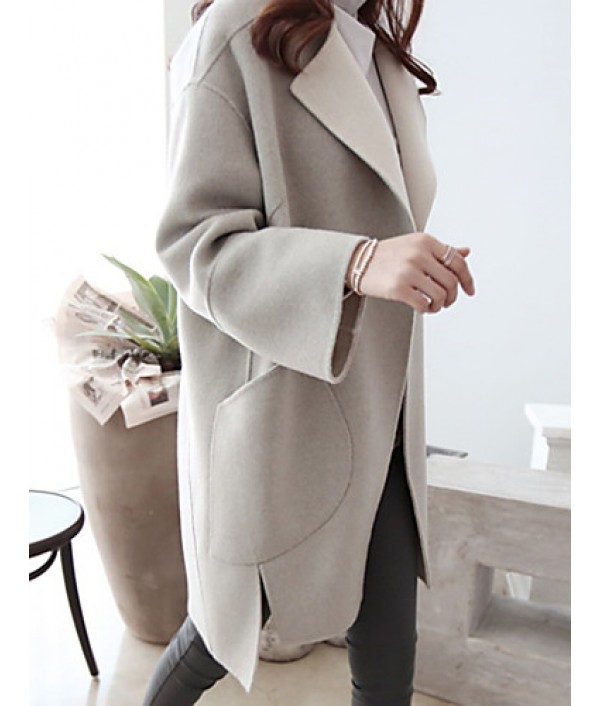 Women's Casual/Daily Simple CoatSolid Round Neck Long Sleeve Winter Gray Wool Thick