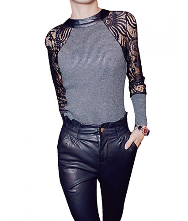 Women's Lace Black/Gray T-shirt,Sexy Crew Neck Long Sleeve Splicing