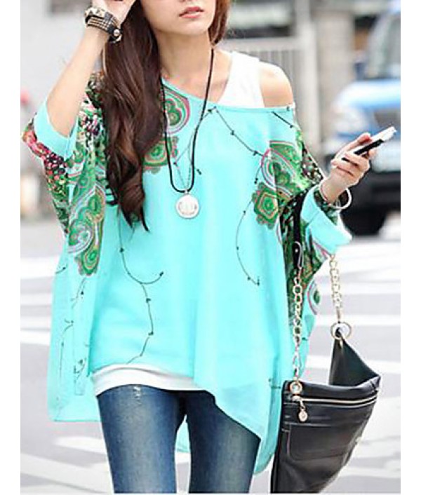 Women's Slack Neck Batwing Sleeve Printed Loose-Fitting Blouse