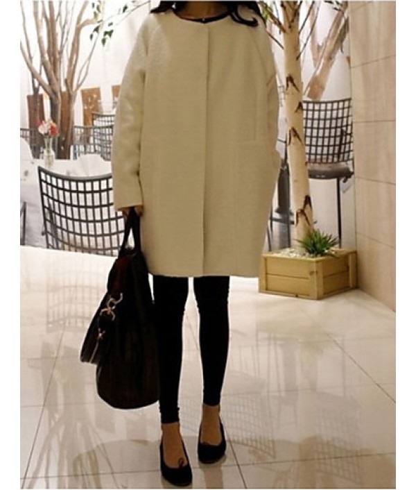 Women's Casual/Daily Simple Coat,Solid Round Neck Long Sleeve Fall / Winter Blue / White Wool Thick