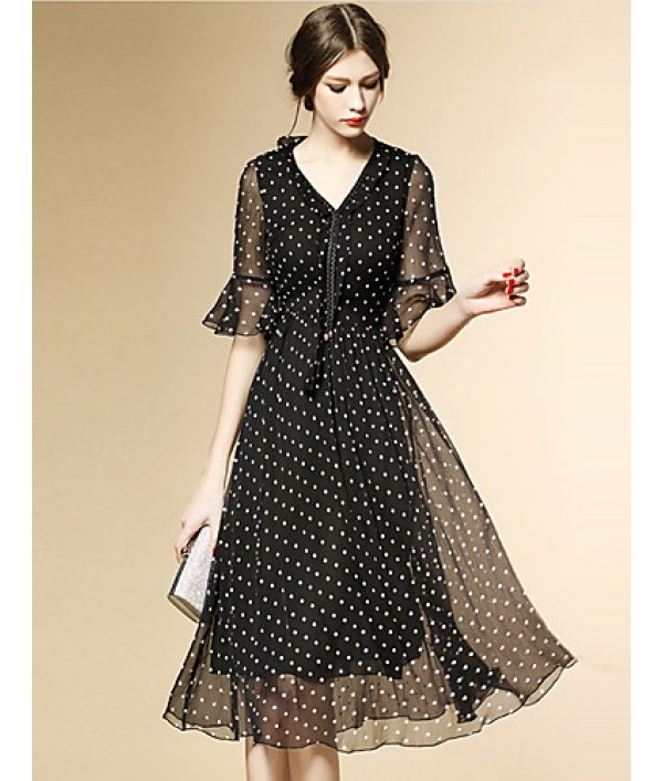 Women's Street chic Polka Dot Chiffon / Swing Dress,V Neck Knee-length Polyester