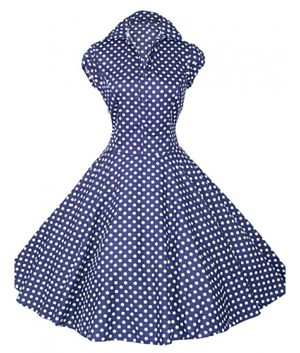 Women's White/Black/Blue 50s Vintage Polka Dots Swing Midi Dress