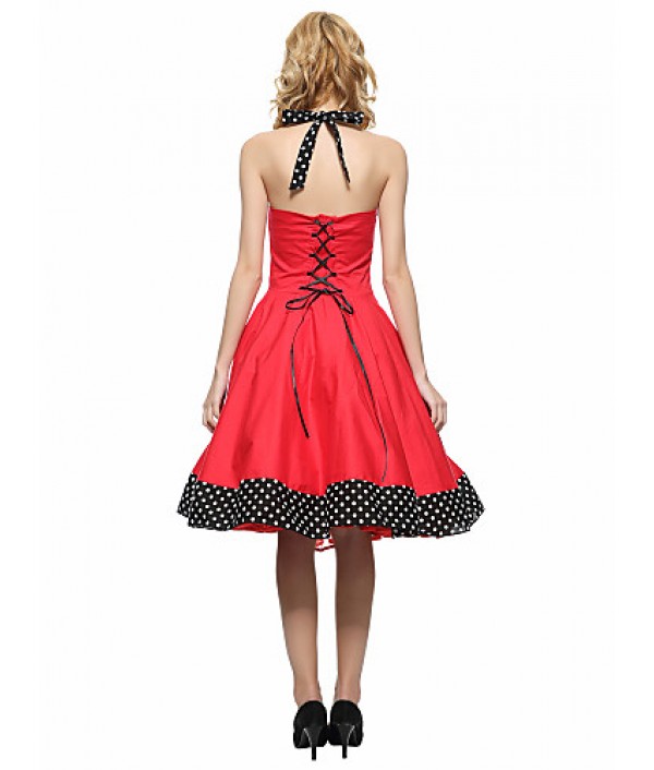 Women's Red/Black Vintage Polka Dots Midi Swing Dress, Full Circle Halter