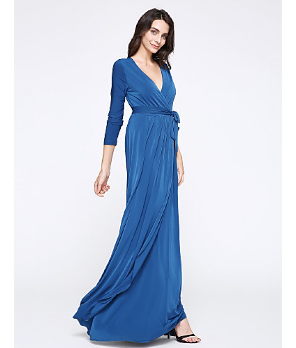 Women's Party/Cocktail Plus Size Plus Size Dress,Solid V Neck Midi Long Sleeve Blue Spandex Fall