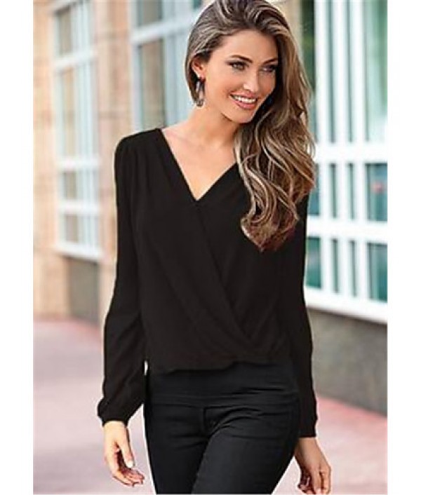 Sexy / Street chic Spring Blouse,Solid V Neck Long Sleeve Red / Black / Green / Purple Polyester Thin