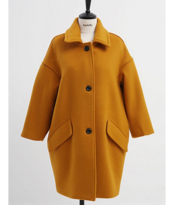 Women's Casual/Daily Simple Coat,Solid Shirt Collar Long Sleeve Winter Blue / Pink / Yellow Wool Thick